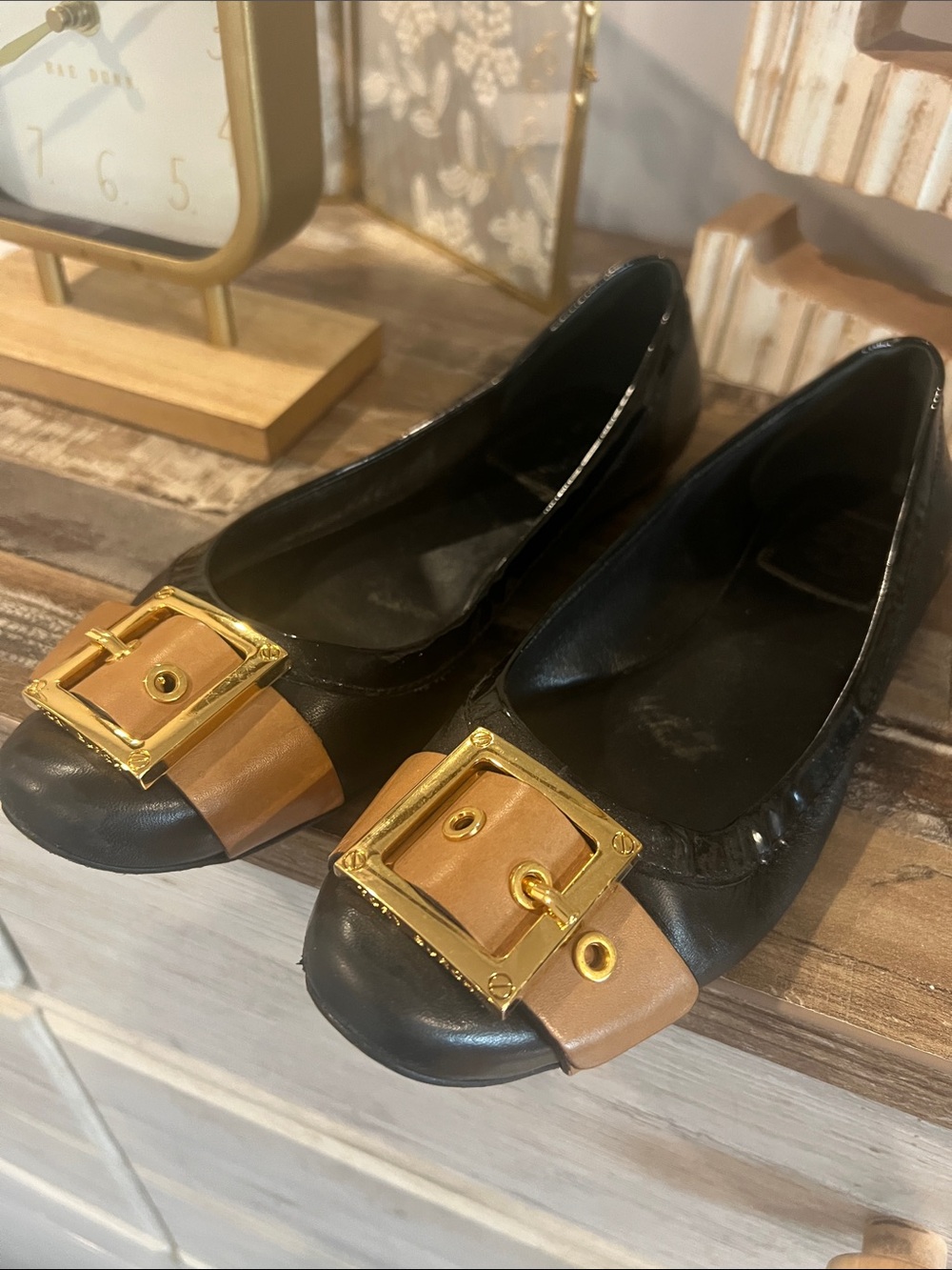 Black and Tan Leather Women's Ballet Flats with Gold Buckle/ Tory Burch
